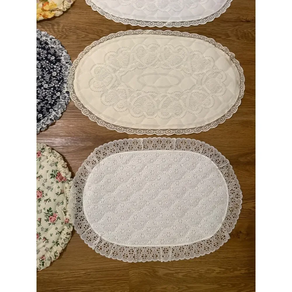 Lot of 8 Vintage Quilted Oval Table Placemats Doilies Lace Floral Cottage